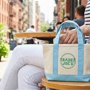 NWT Viral Trader Joe's Blue and Cream Canvas Tote